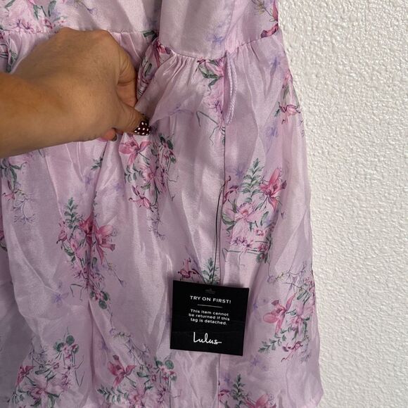 NWT-Lulus- Sweetest Emotion Lilac Floral Ruffled Tiered Bustier Midi Dress-small - Picture 10 of 16